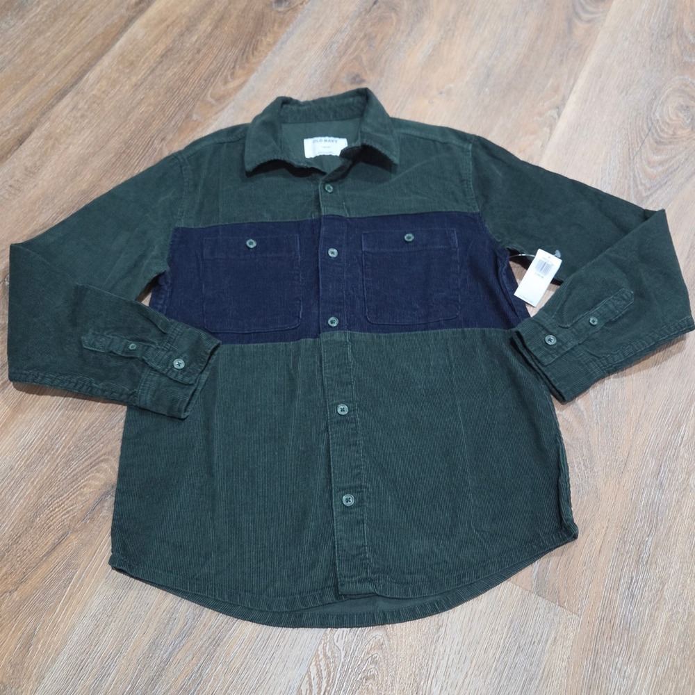 Old Navy Boys Large 10-12 Corduroy Colorblock Button Down Shirt Green Navy NEW